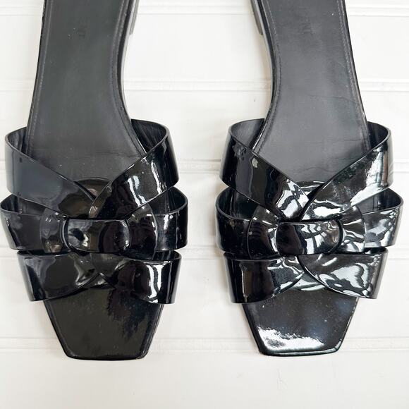 Saint Laurent Tribute Flat Sandals Black Patent Leather Woven Slide 39.5 - Picture 2 of 10